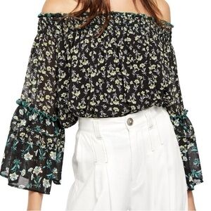 Free People Black Floral Off the Shoulder Blouse Size M Medium